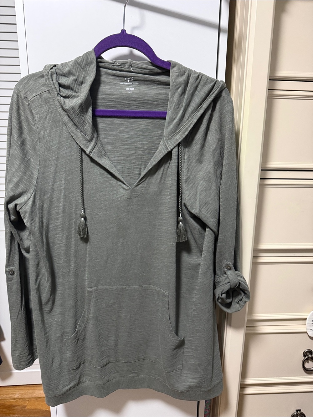 J. Jill army green Lightweight Hooded Pullover with Tassel Drawstrings
